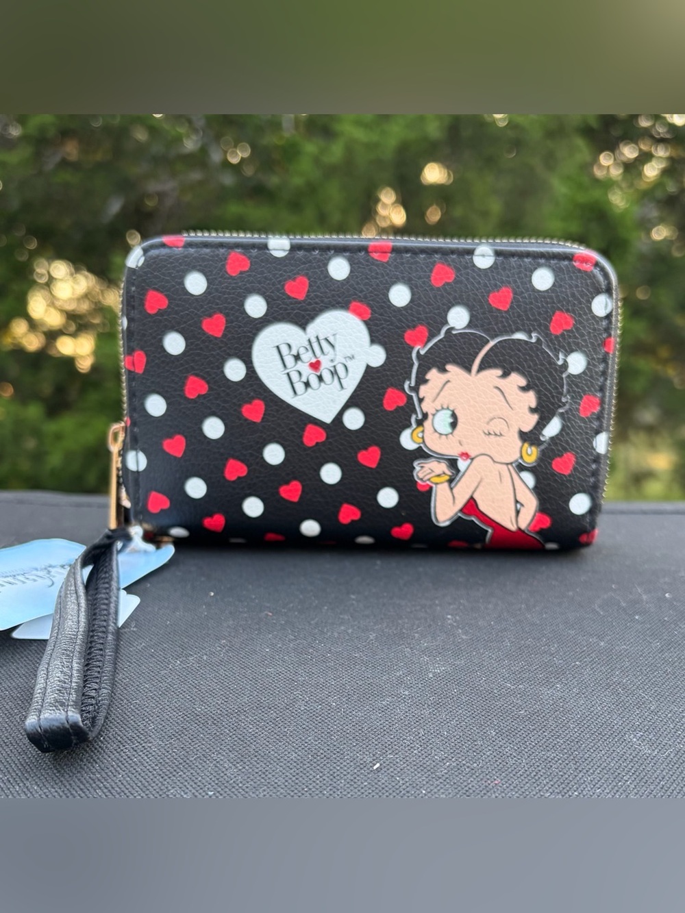 NWT Betty Boop Double Zip Around Wristlet Wallet Polka Dot Hearts